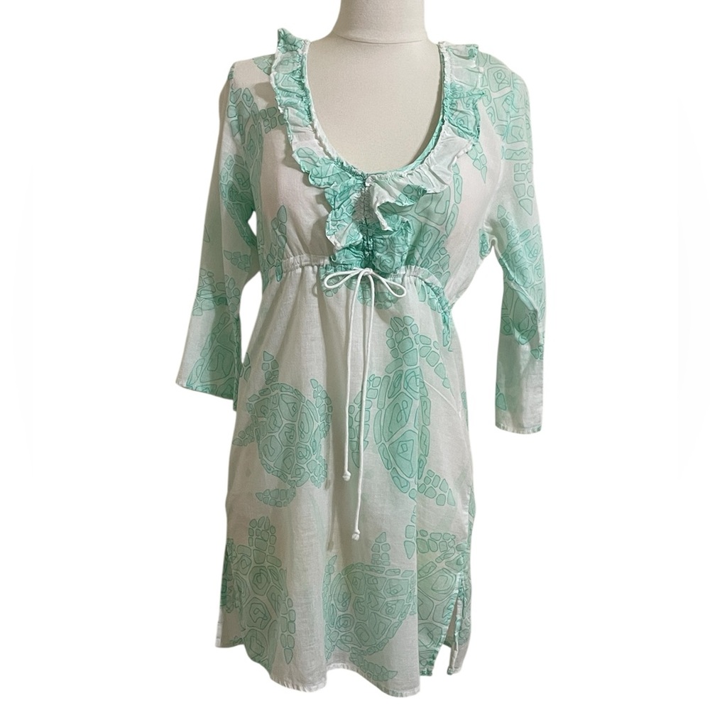 MUD PIE White Swim Coverup Turquoise Sea Turtle Print Drawstring Waist Ruffled